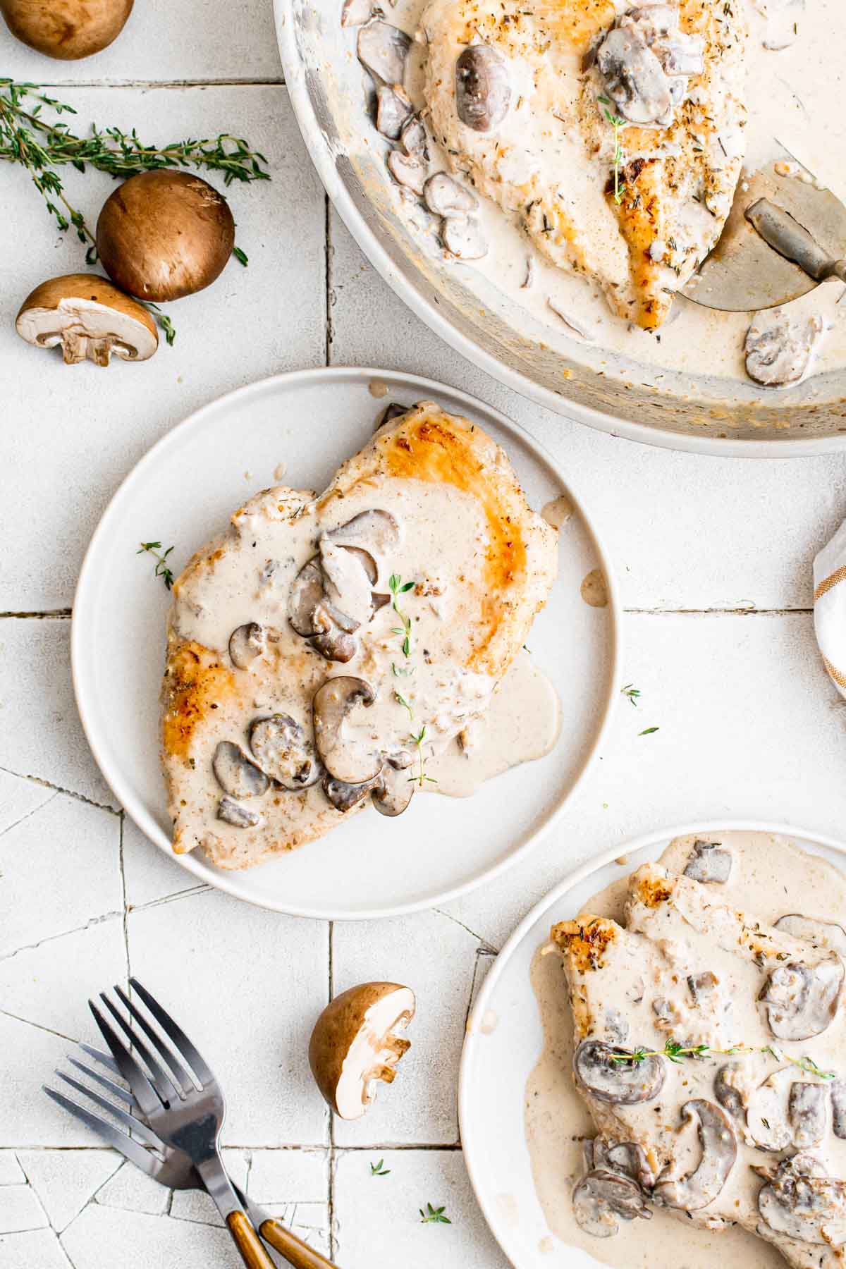 top down view of two servings of the finished creamy chicken mushroom recipe