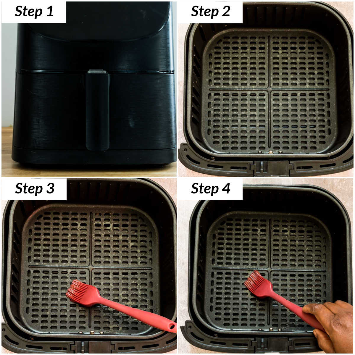 image collage showing the steps for how to put oil in air fryer