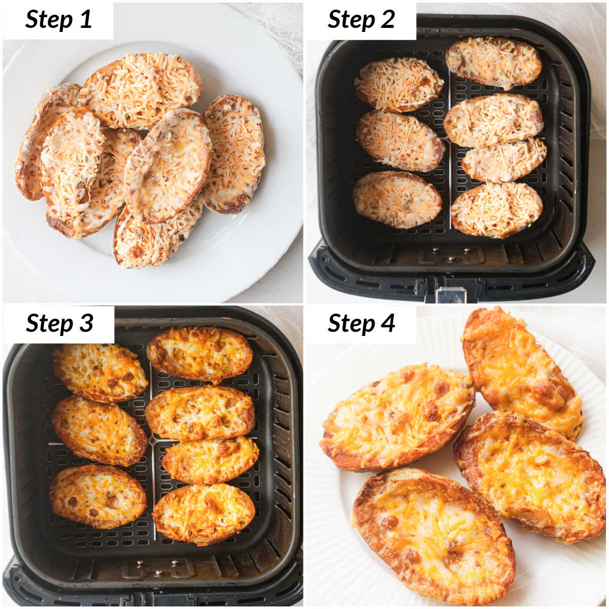image collage showing the steps for making frozen potato skins in air fryer