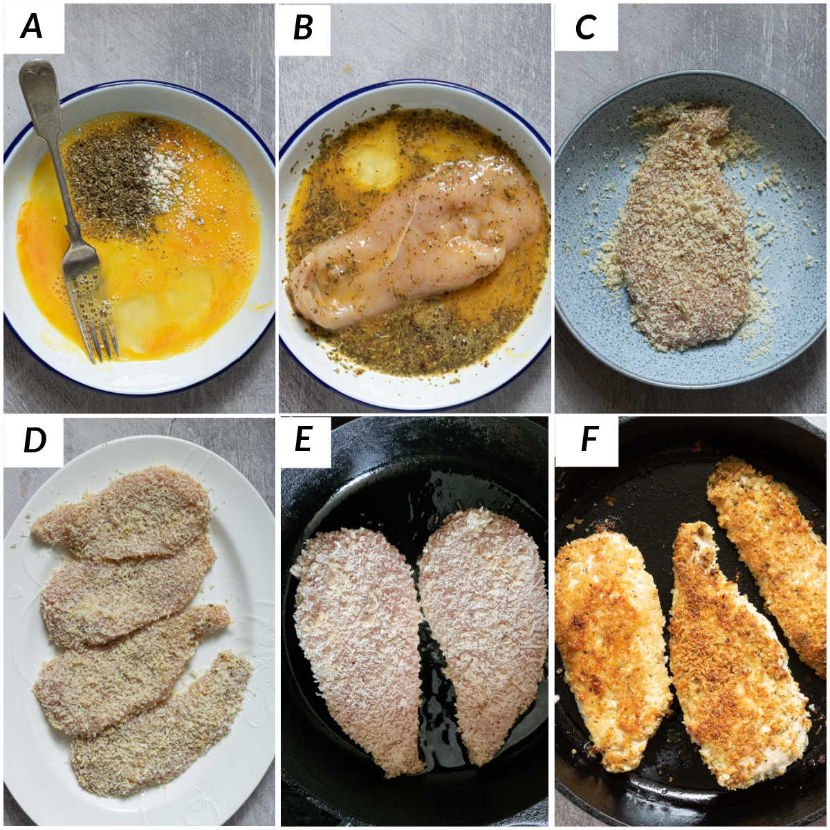 image collage showing the steps for making parmesan crusted chicken