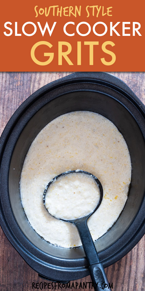 Top down view of grits in a slow cooker with a ladle