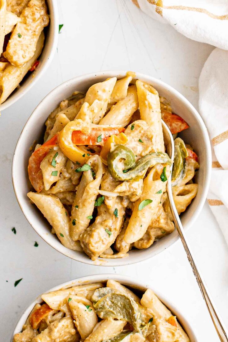 top down view of the completed Instant Pot Rasta Pasta recipe divided into servings