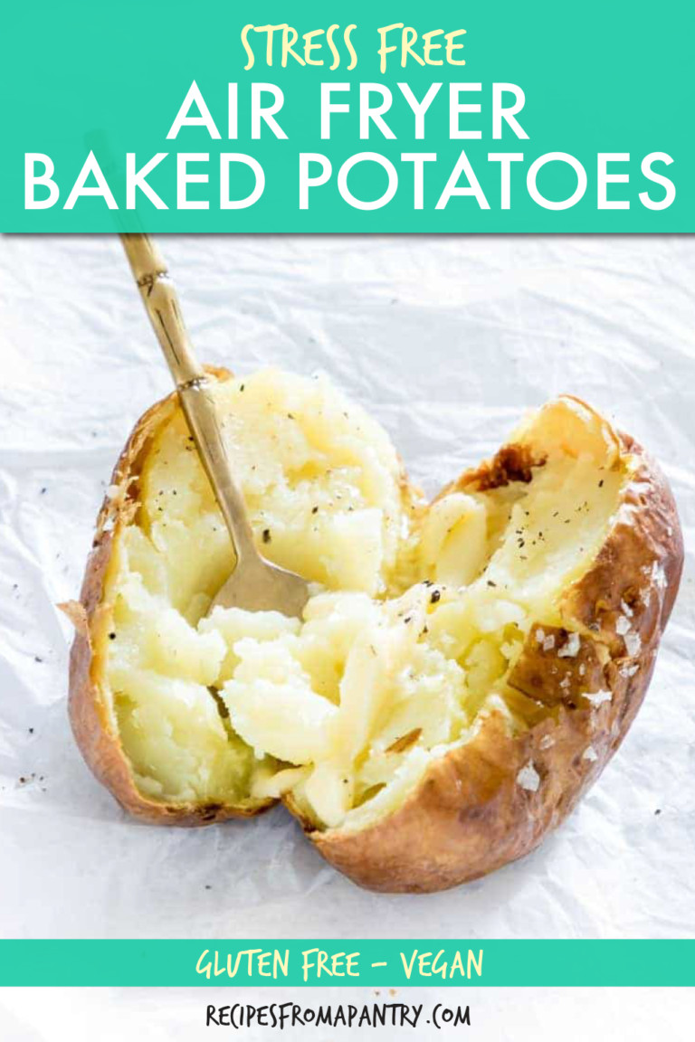 a halved baked potato with a fork sticking into it