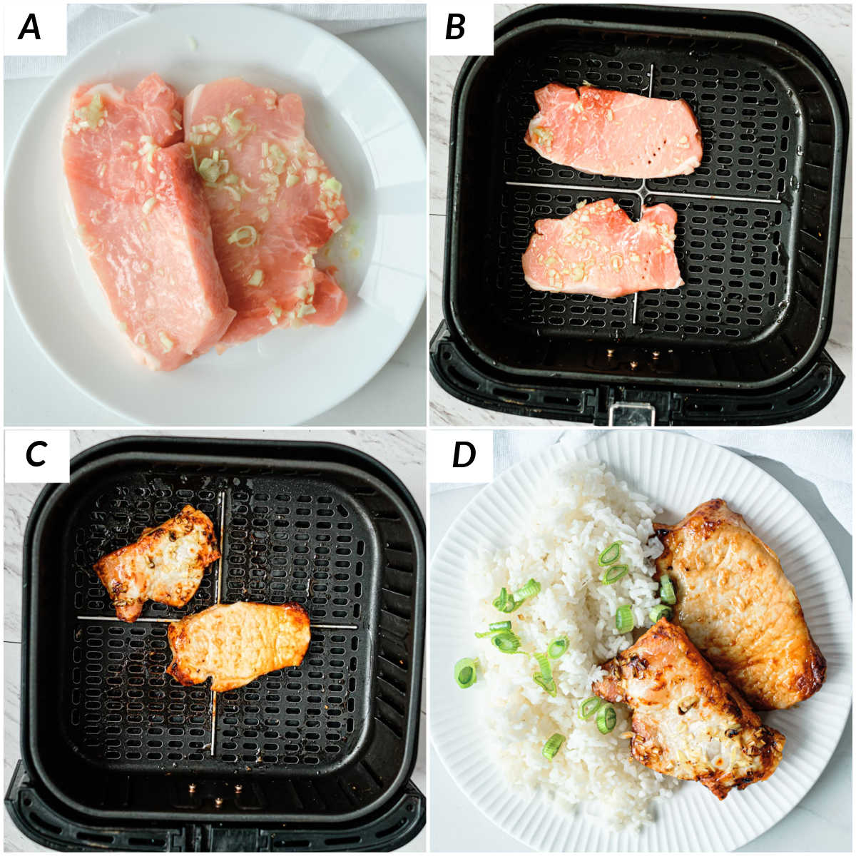 image collage showing the steps for making pork steak in air fryer