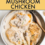 three chicken breasts in a pan with mushroom cream sauce