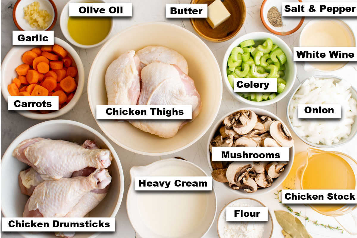 the ingredients needed for making chicken fricassee