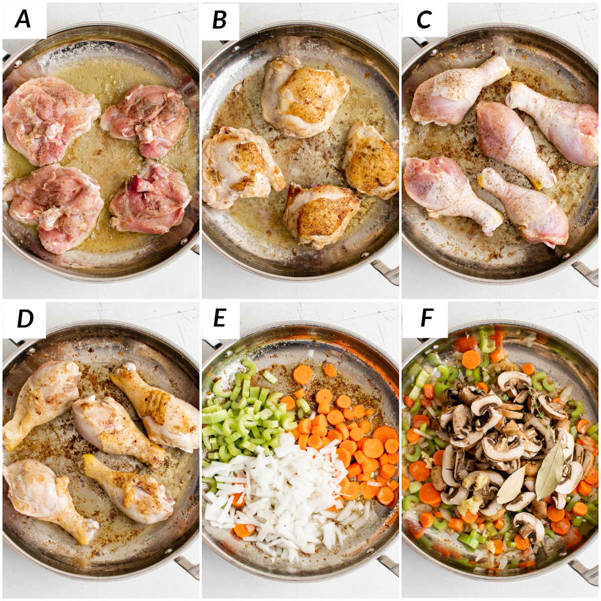 image collage showing the steps for making chicken fricassee