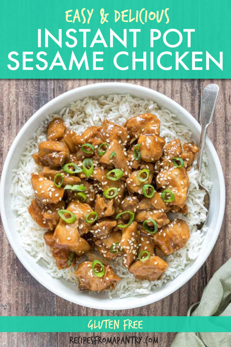 overhead view of sesame chicken over rice in a bowl garnished with green onions