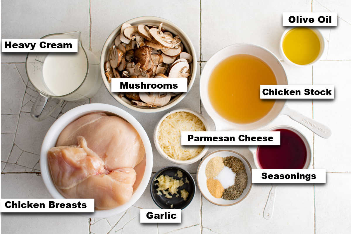 the ingredients needed for making instant pot chicken and mushrooms