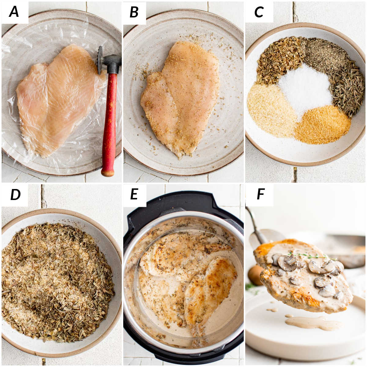 image collage showing the steps for making instant pot chicken and muchrooms