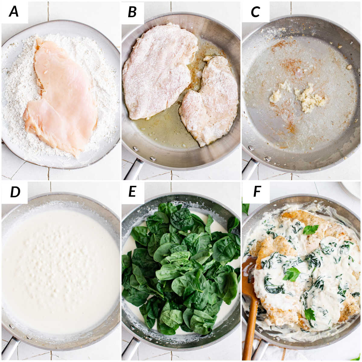 image collage showing the steps for making chicken florentine