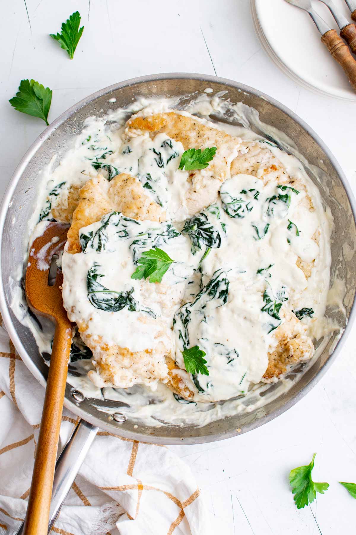 top down view of a pan filled with chicken florentine