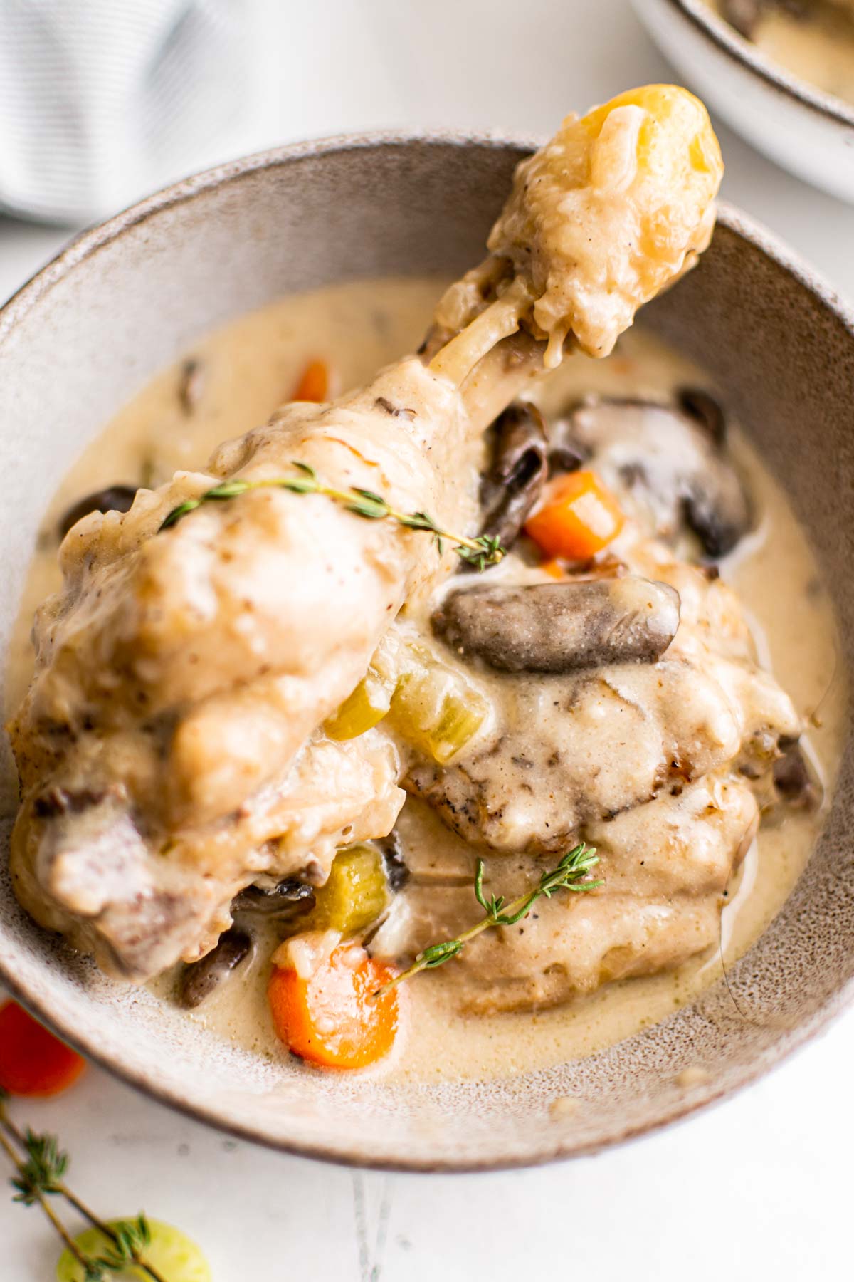top down view of a serving of chicken fricassee