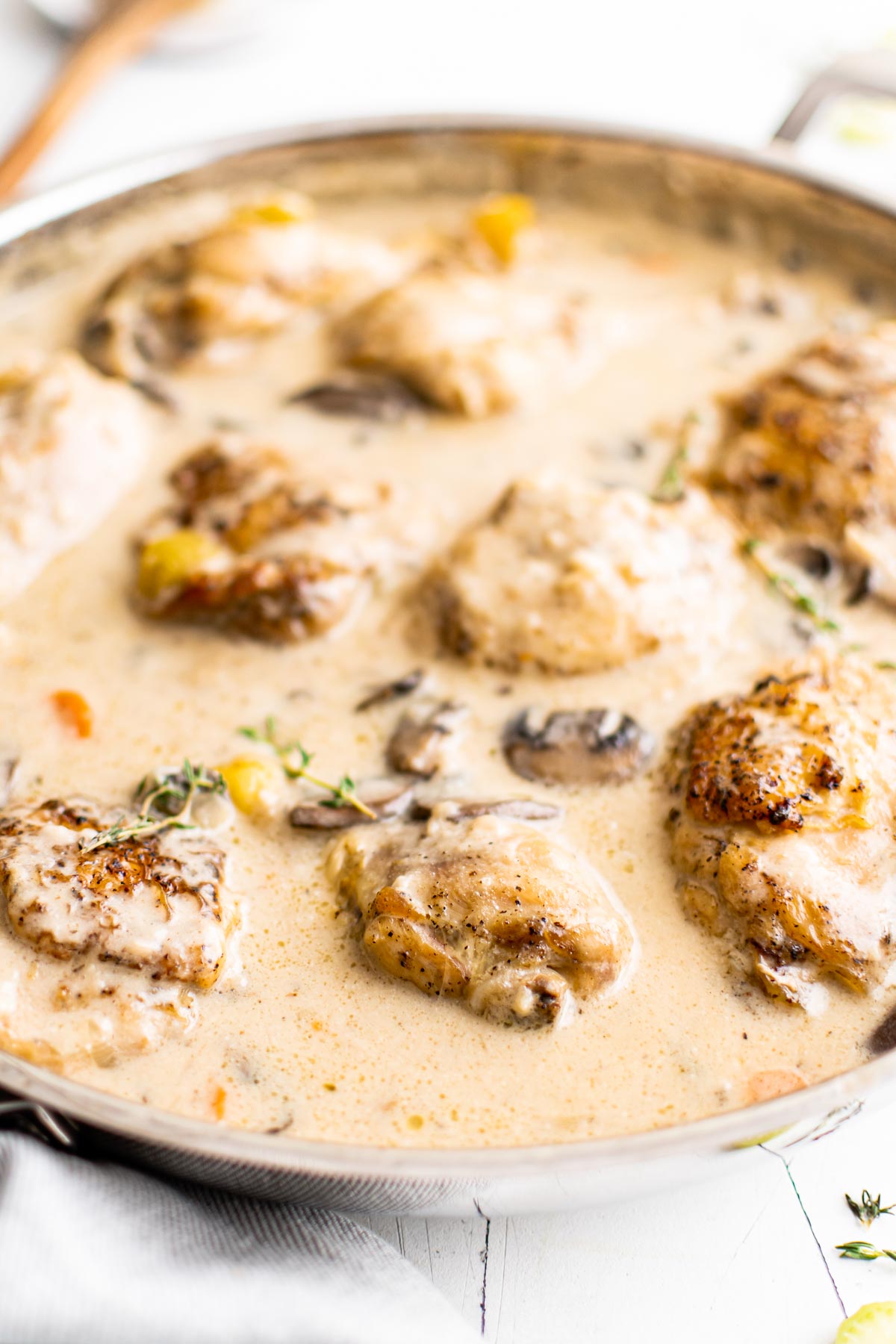 close up view of the finished chicken fricassee recipe