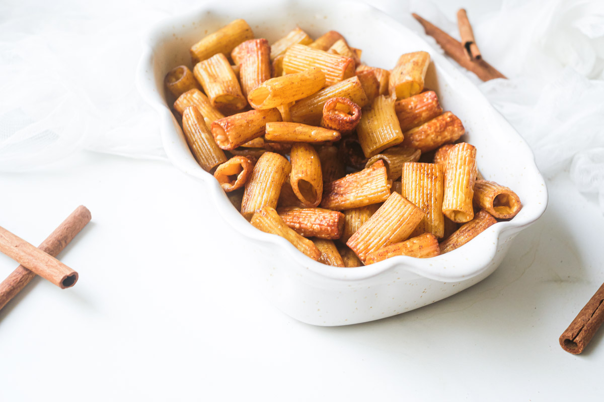 the finished pasta chips air fryer recipe served in a white dish