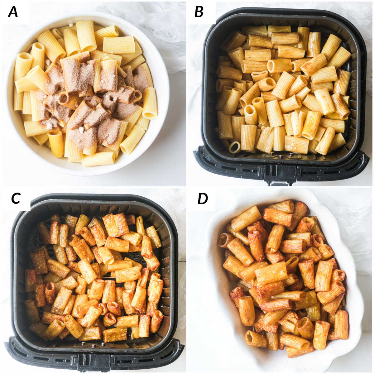 image collage showing the steps for making this pasta chips air fryer recipe