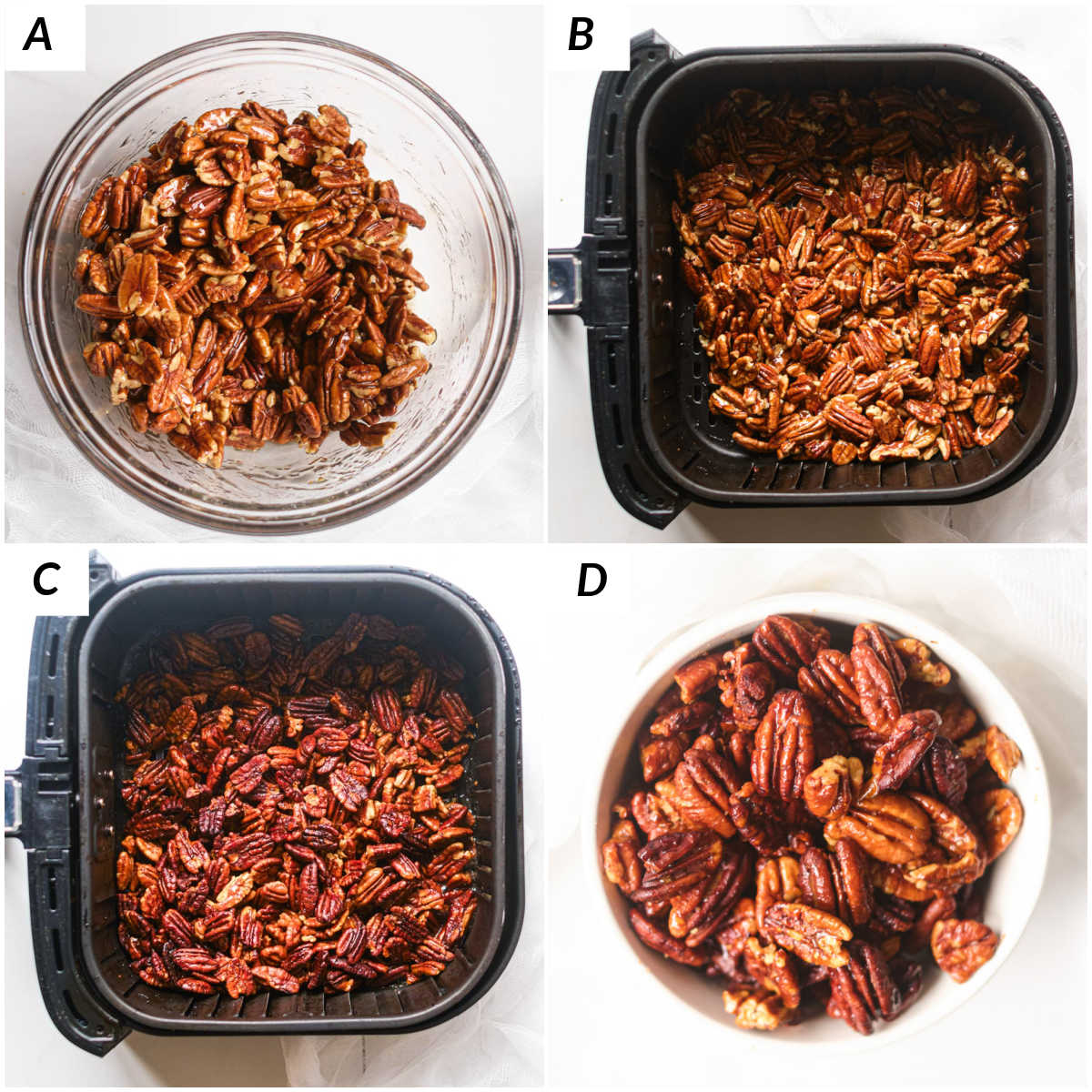 image collage showing the steps for making air fryer pecans