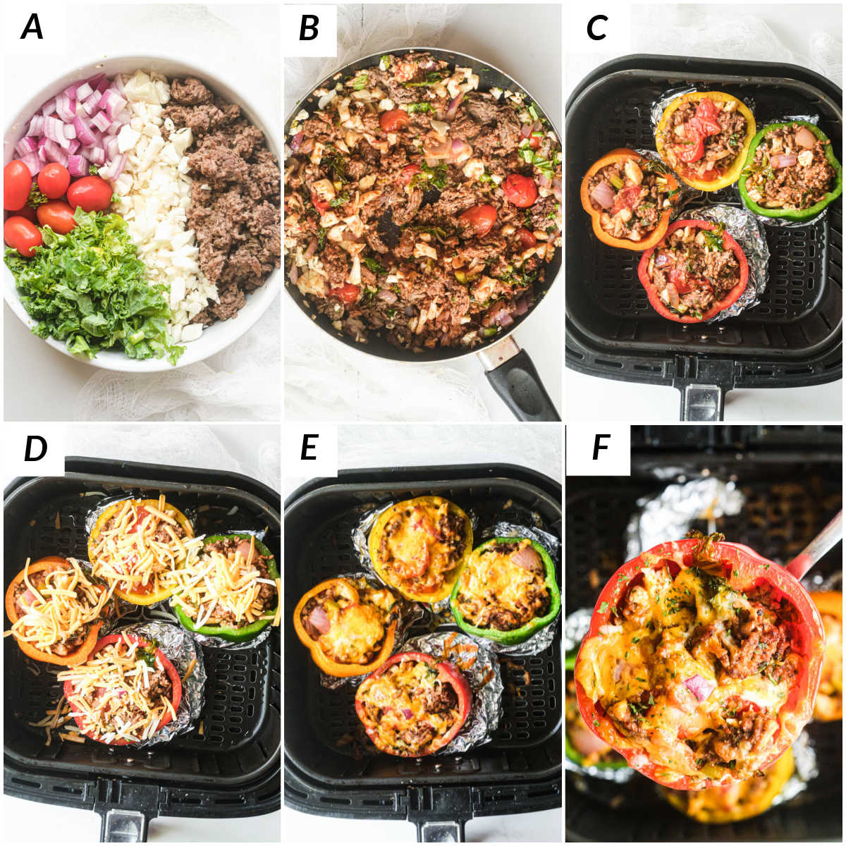 image collage showing the steps for making air fryer stuffed peppers
