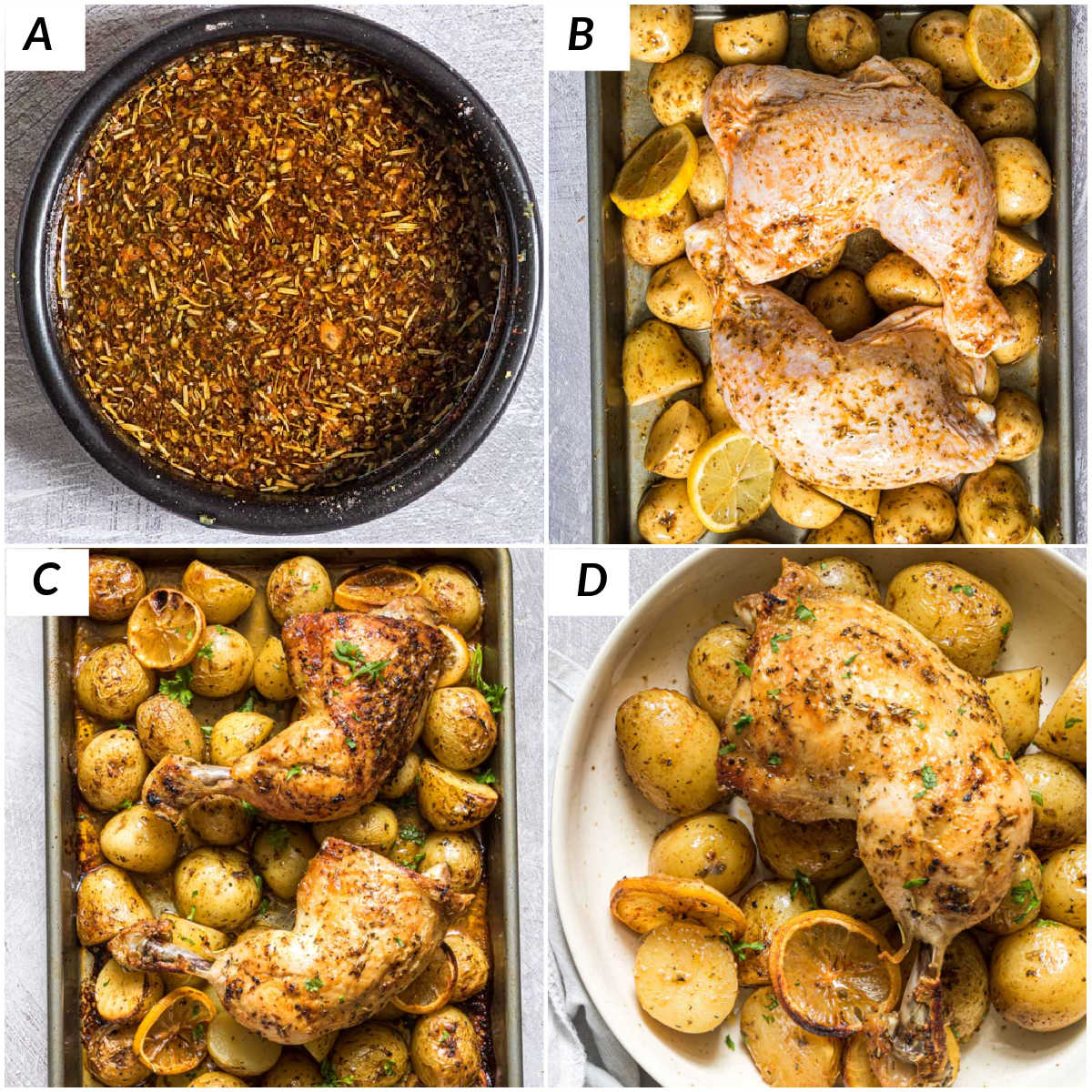 image collage showing the steps for making baked chicken leg quarters