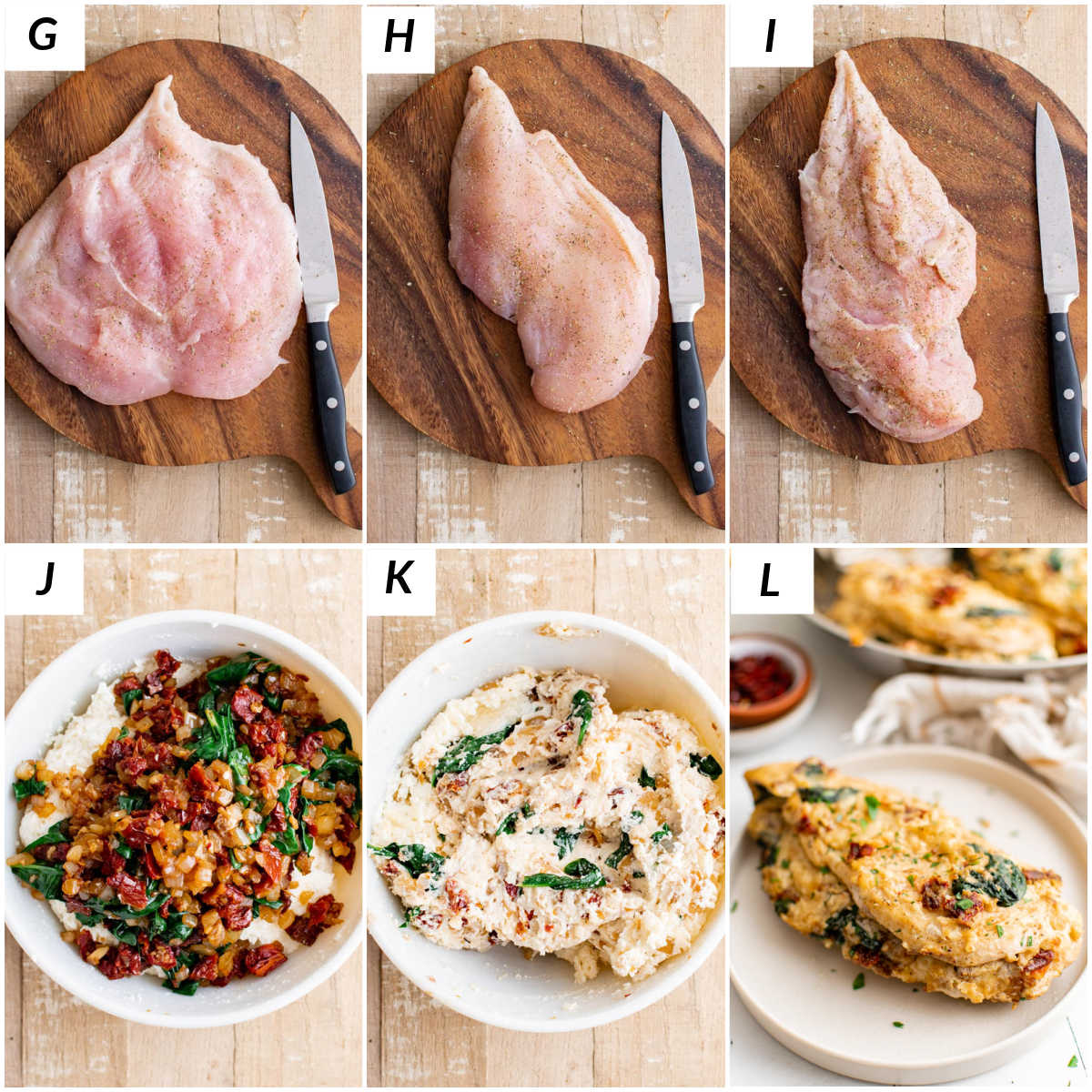 image collage showing the final steps for making spinach stuffed chicken breast