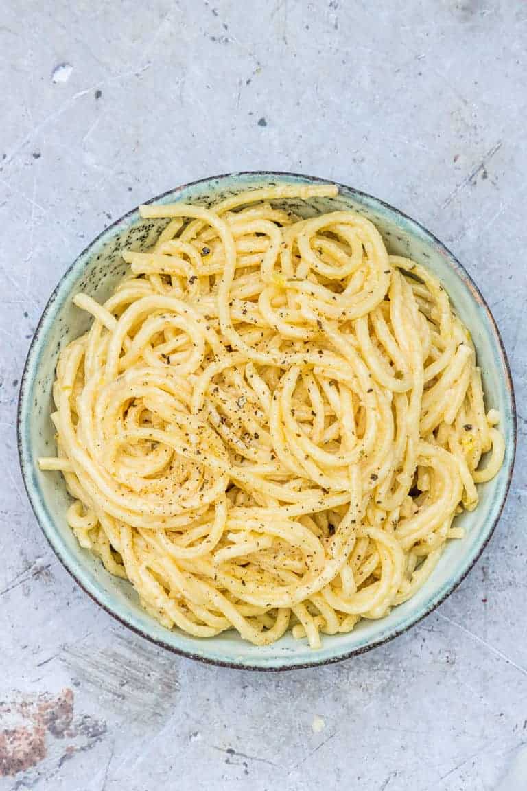 Instant Pot Spaghetti served on a blue ceramic plate