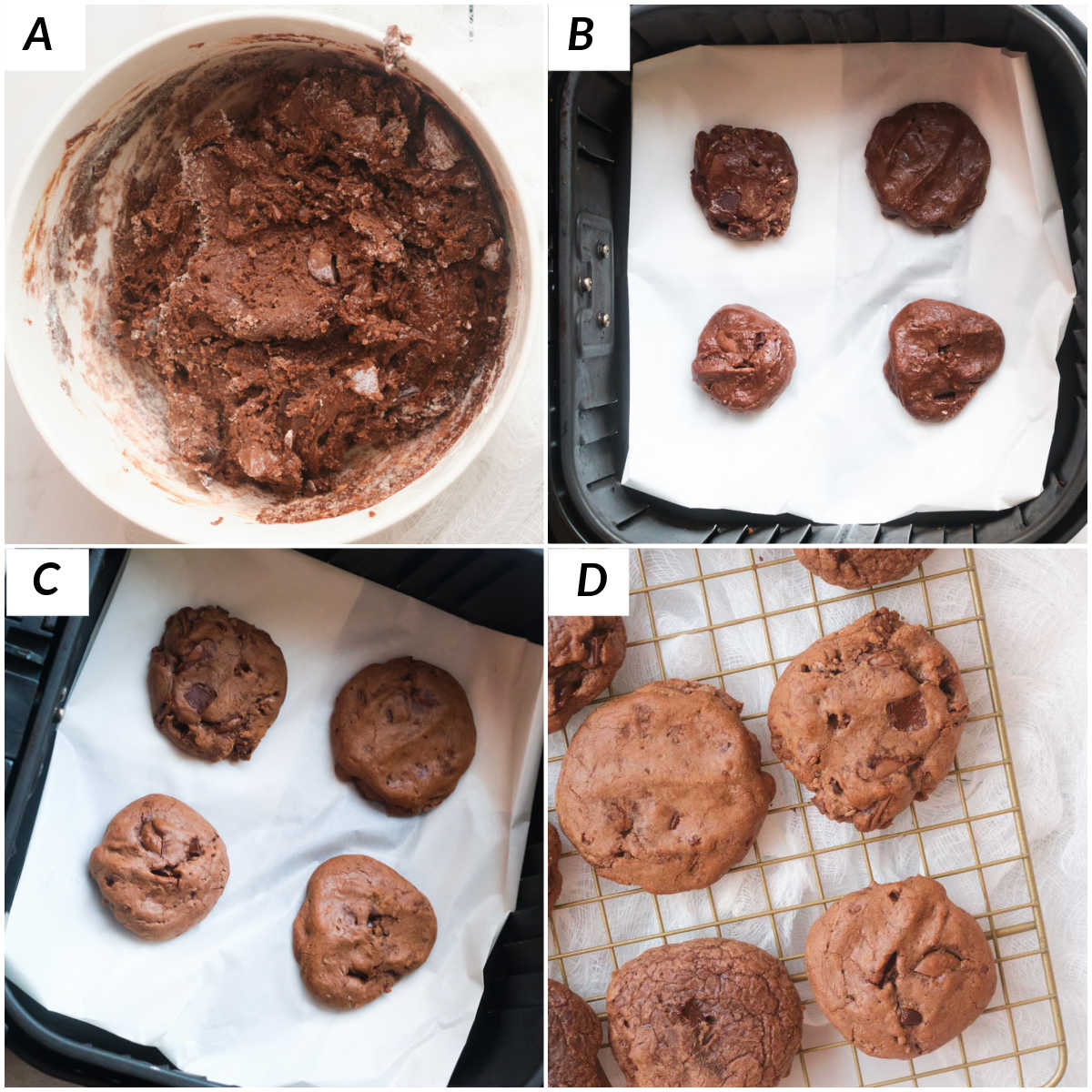 image collage showing the steps for making air fryer brownie mix cookies