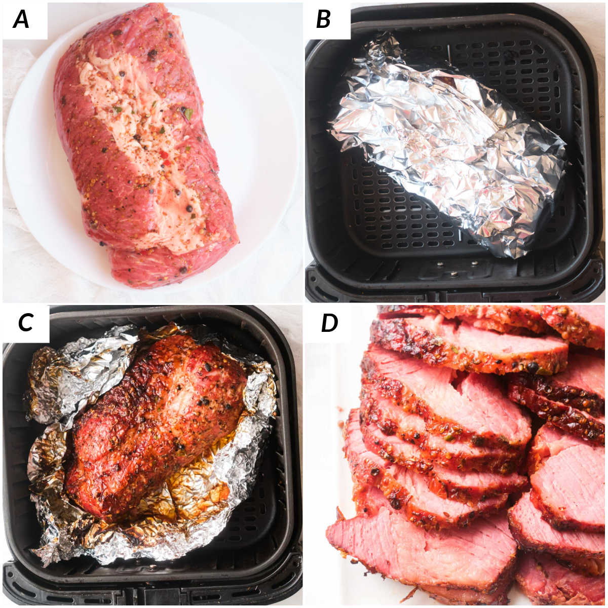 image collage showing the steps for making air fryer corned beef
