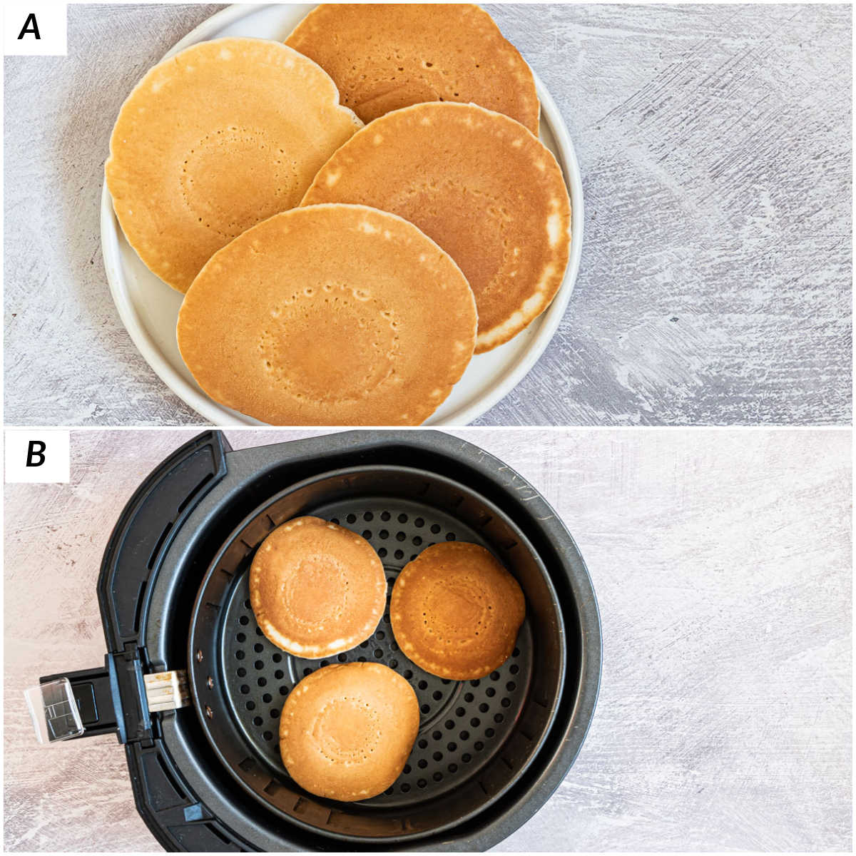 image collage showing how to make air fryer frozen pancakes