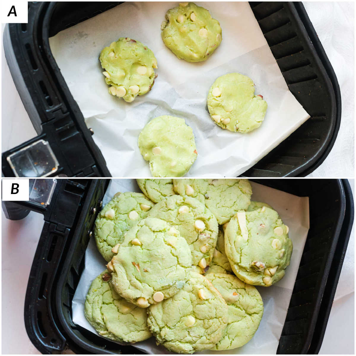 image collage showing some of the steps for making air fryer pistachio pudding cookies
