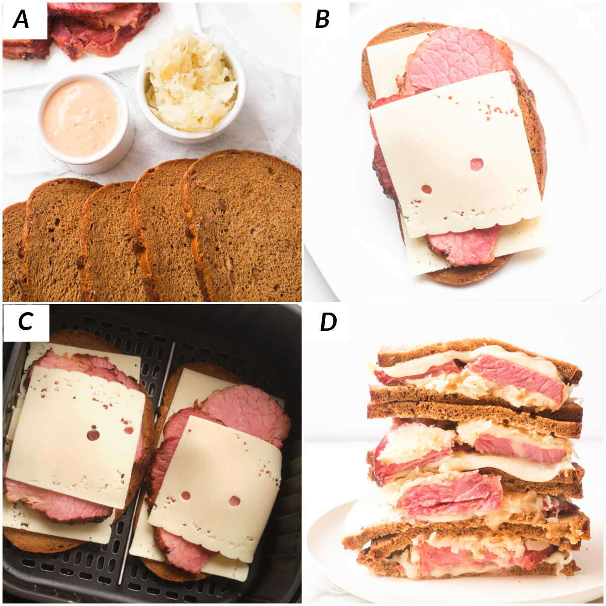 image collage showing the steps for making air fryer reuben sandwich