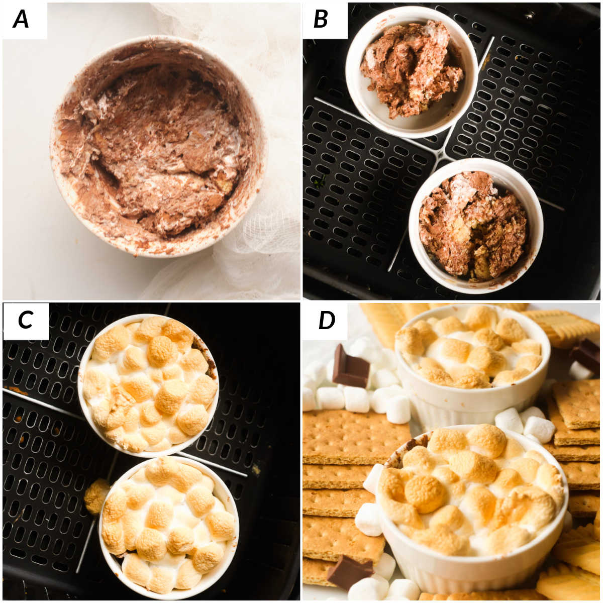 image collage showing the steps for making air fryer smores dip