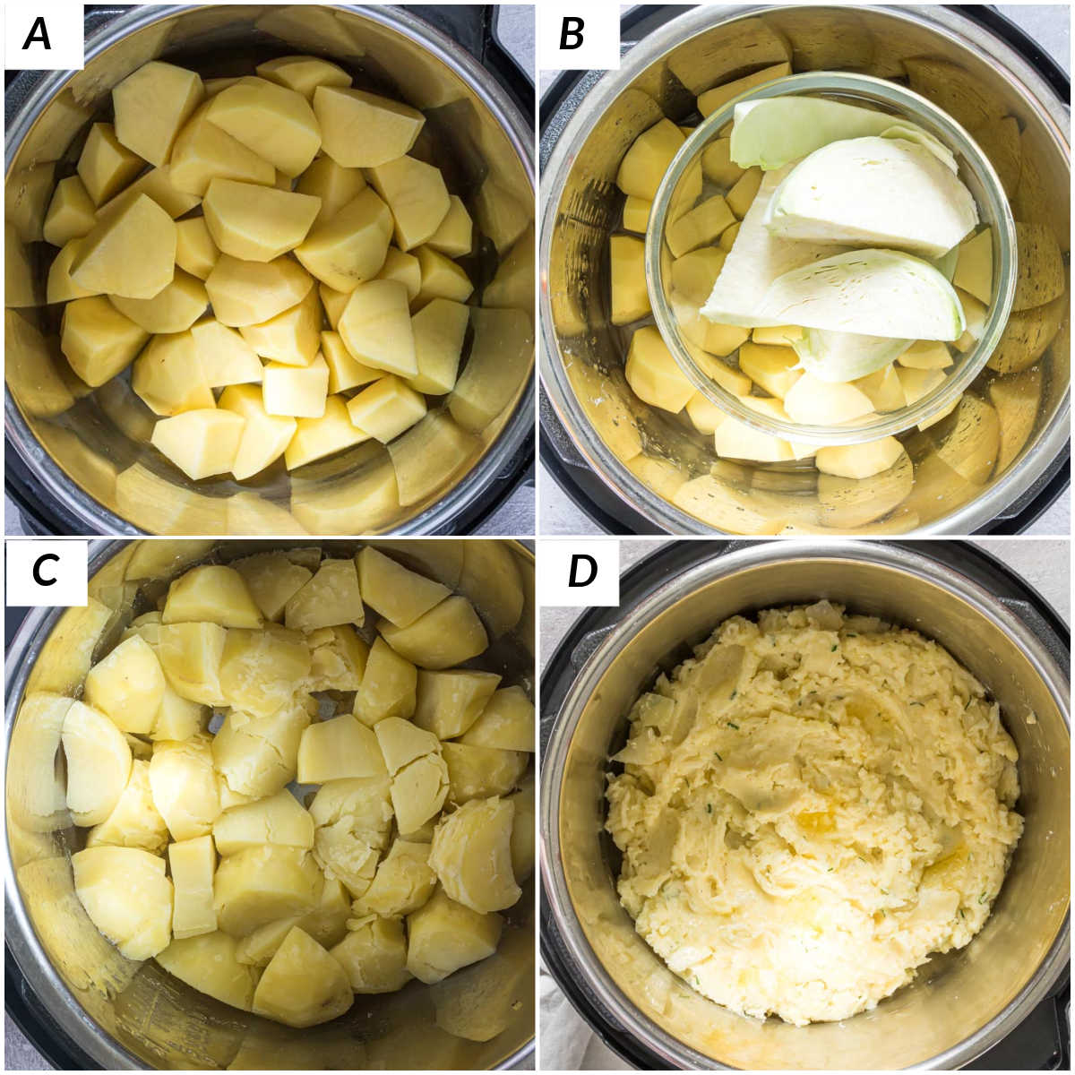 image collage showing the steps for making instant pot colcannon.