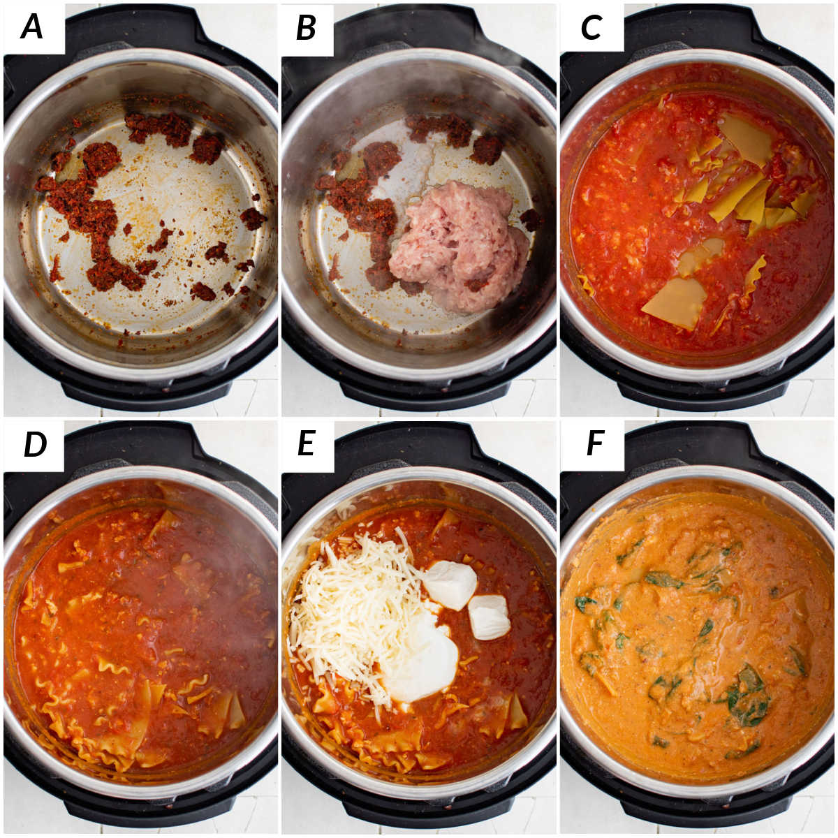 image collage showing the stages of making instant pot lasagna soup