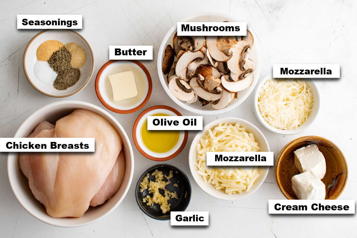 the ingredients needed to make this mushroom stuffed chicken breast recipe