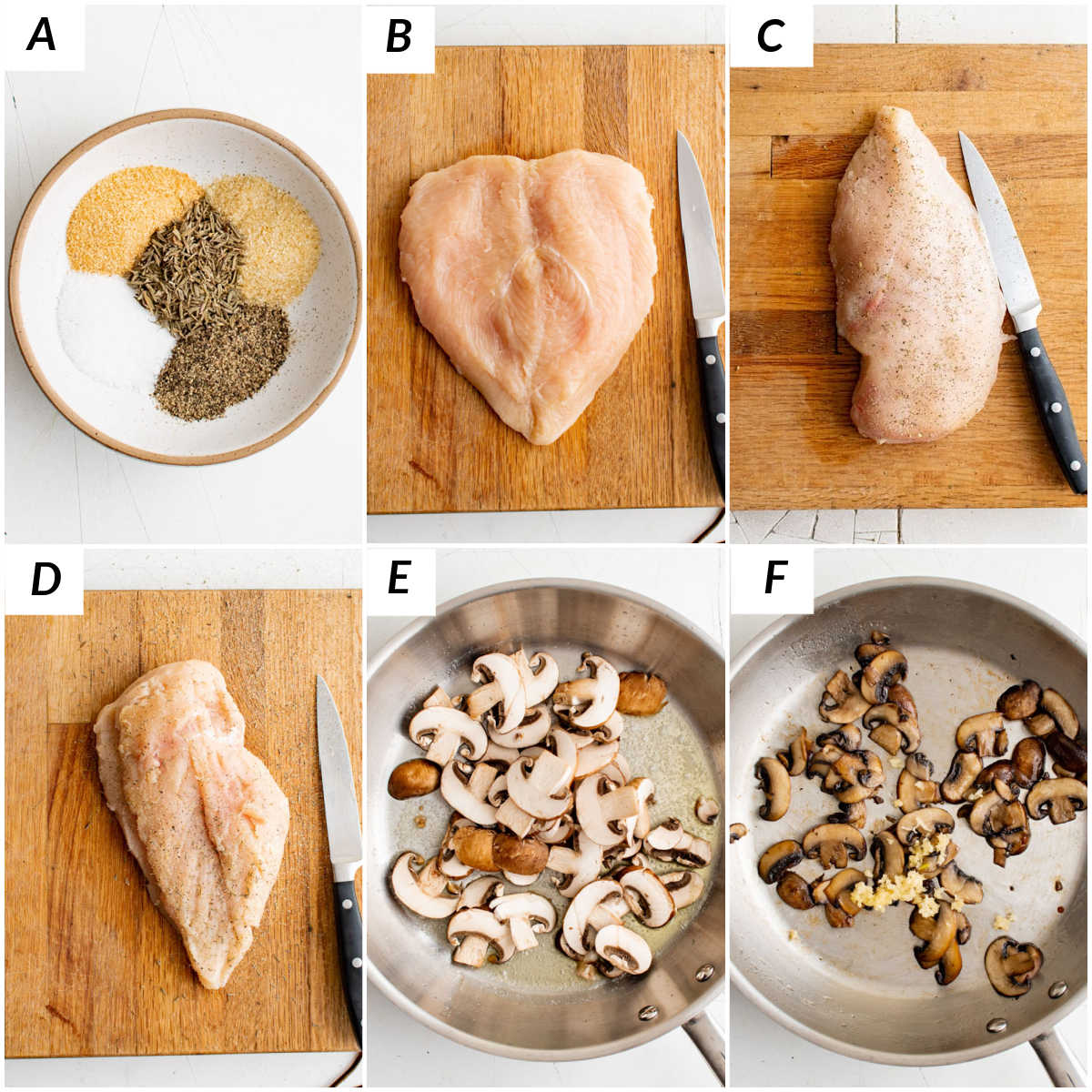 image collage showing the first set of steps for making mushroom stuffed chicken breast