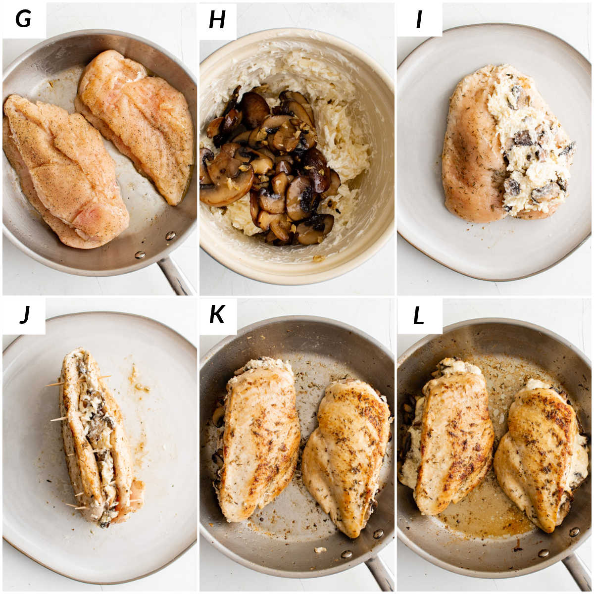image collage showing the last set of steps for making mushroom stuffed chicken breast