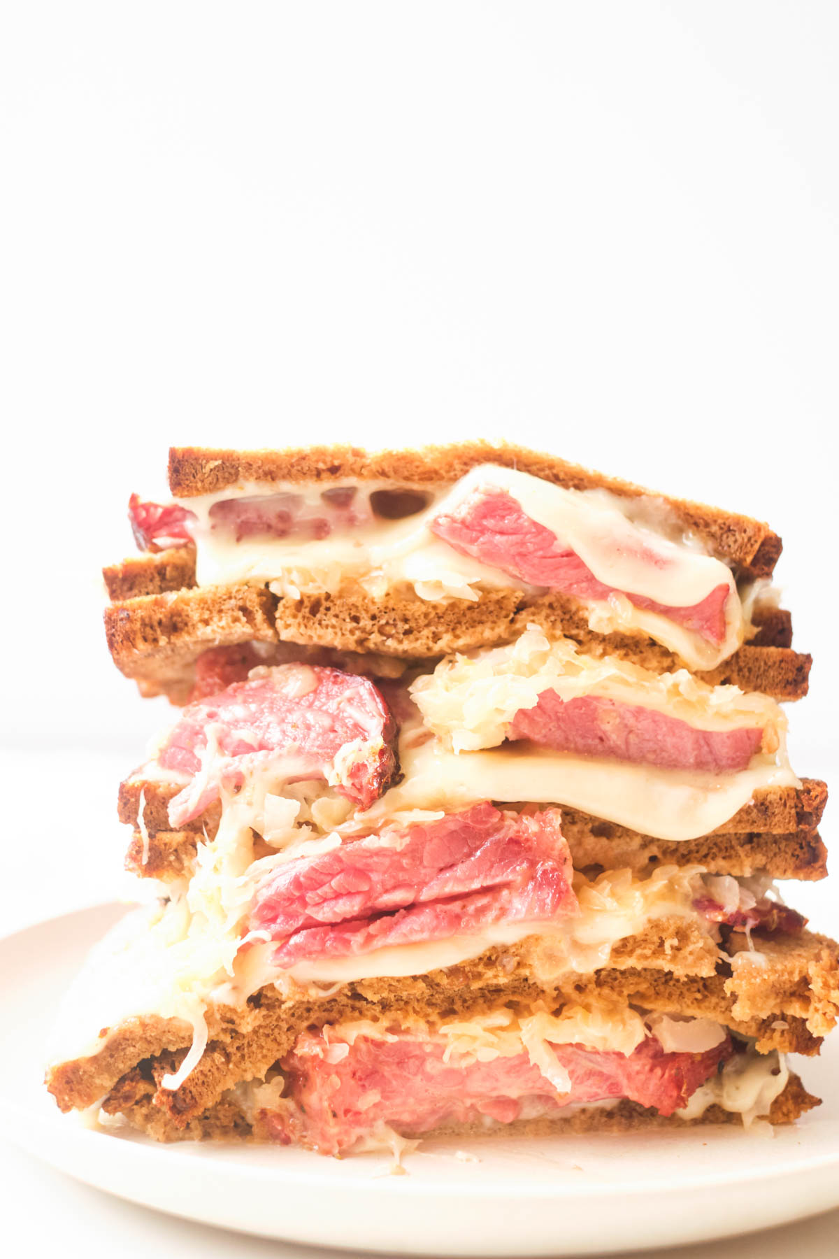 close up view of the finished air fryer reuben sandwich recipe