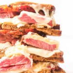 close up of stacked air fryer reuben sandwich halves