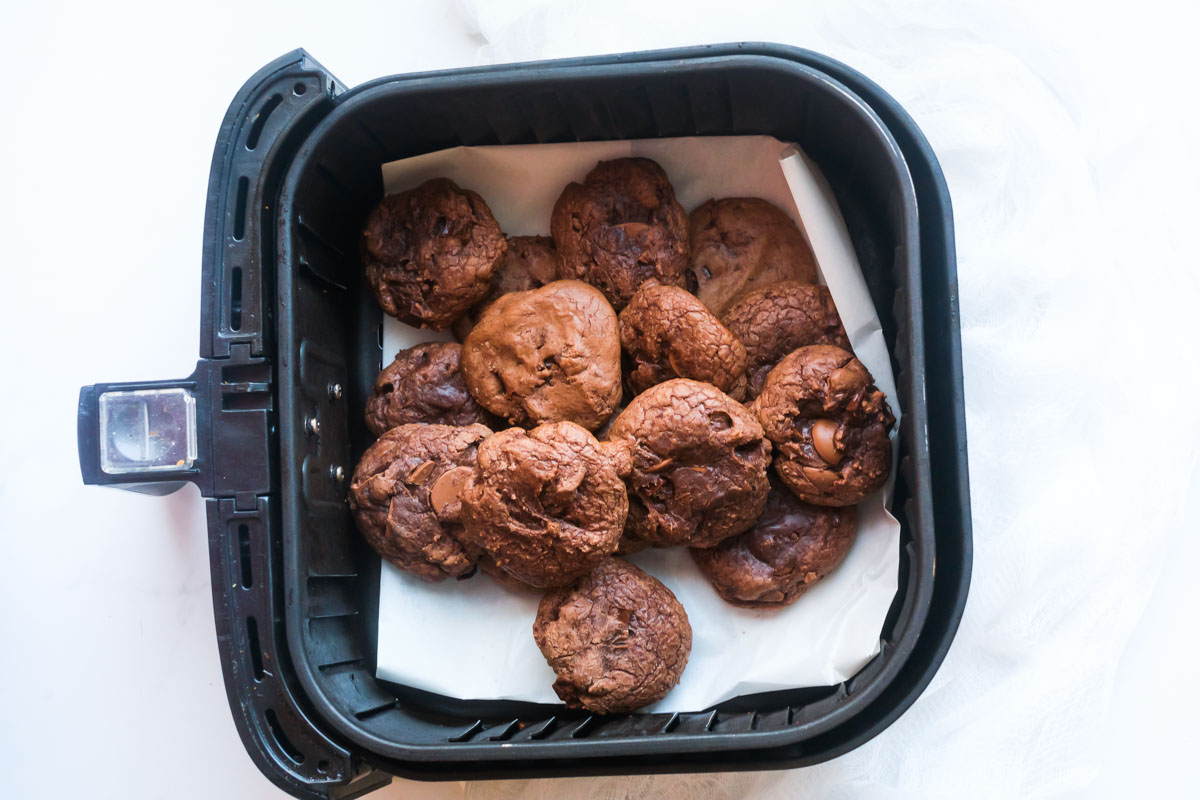 top down view of the baked brownie mix cookies in air fryer basket