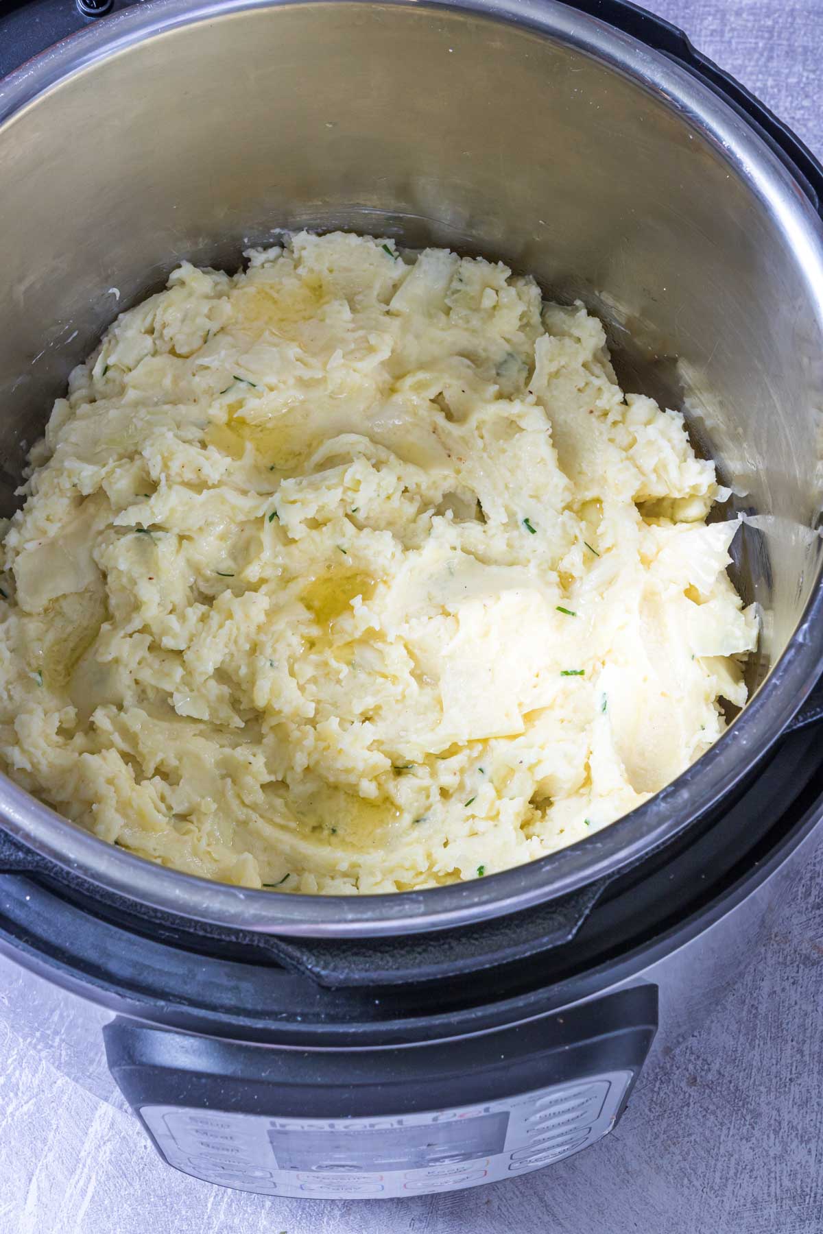 the completed instant pot colcannon inside the instant pot insert and ready to be served.