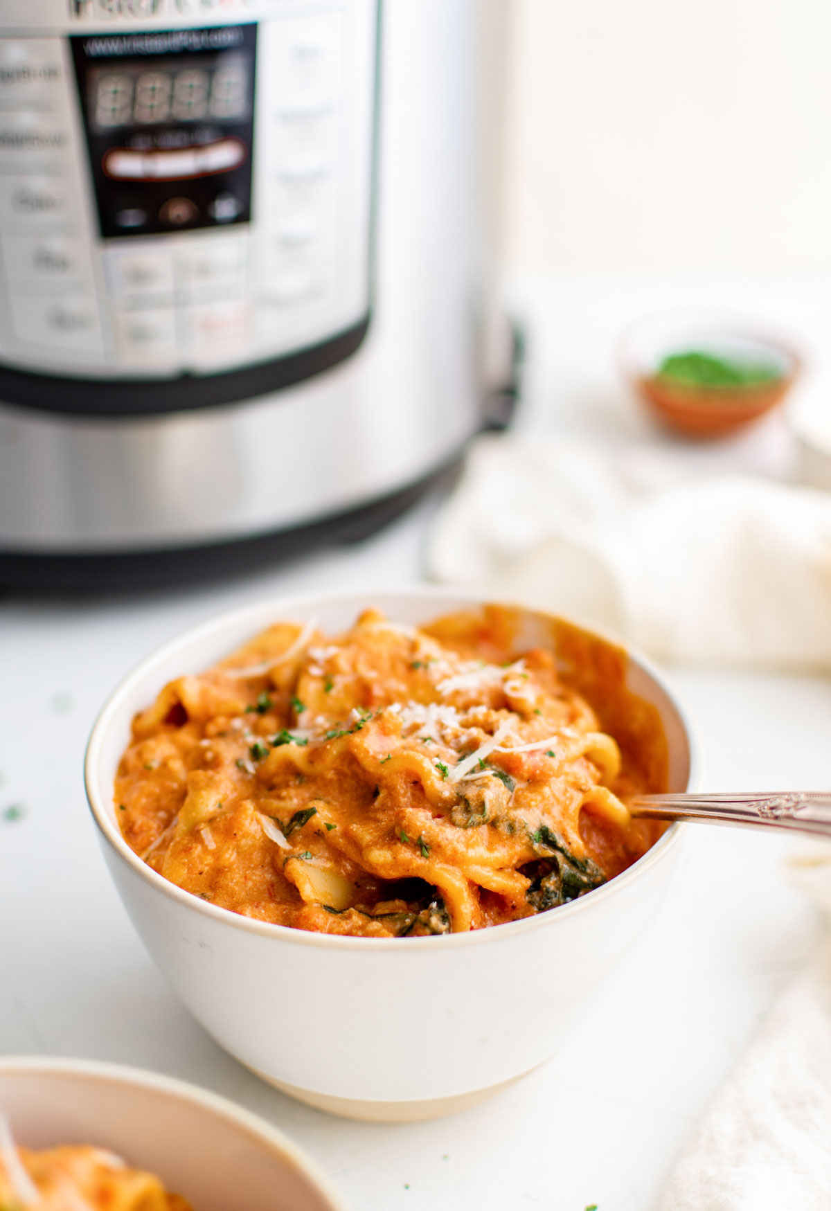 one bowl of instant pot lasagna soup in front of the instant pot