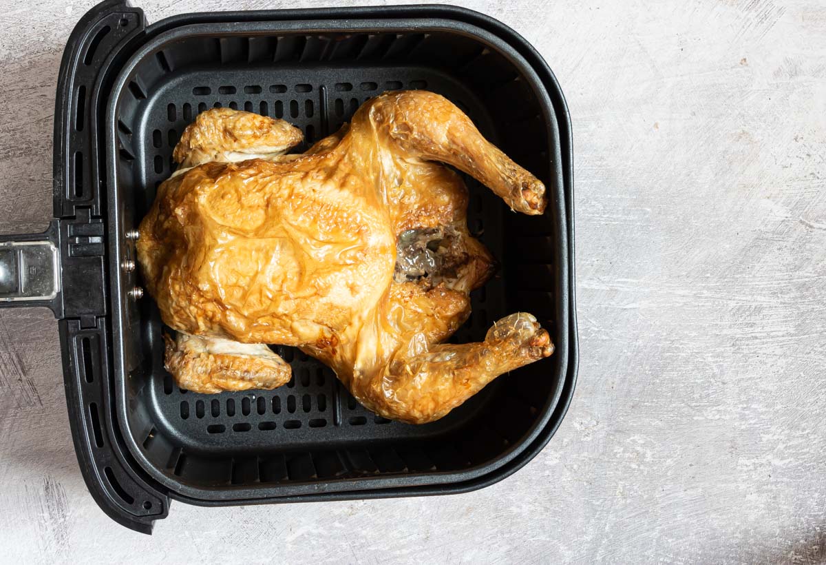 the finished version of the reheat rotisserie chicken in air fryer recipe