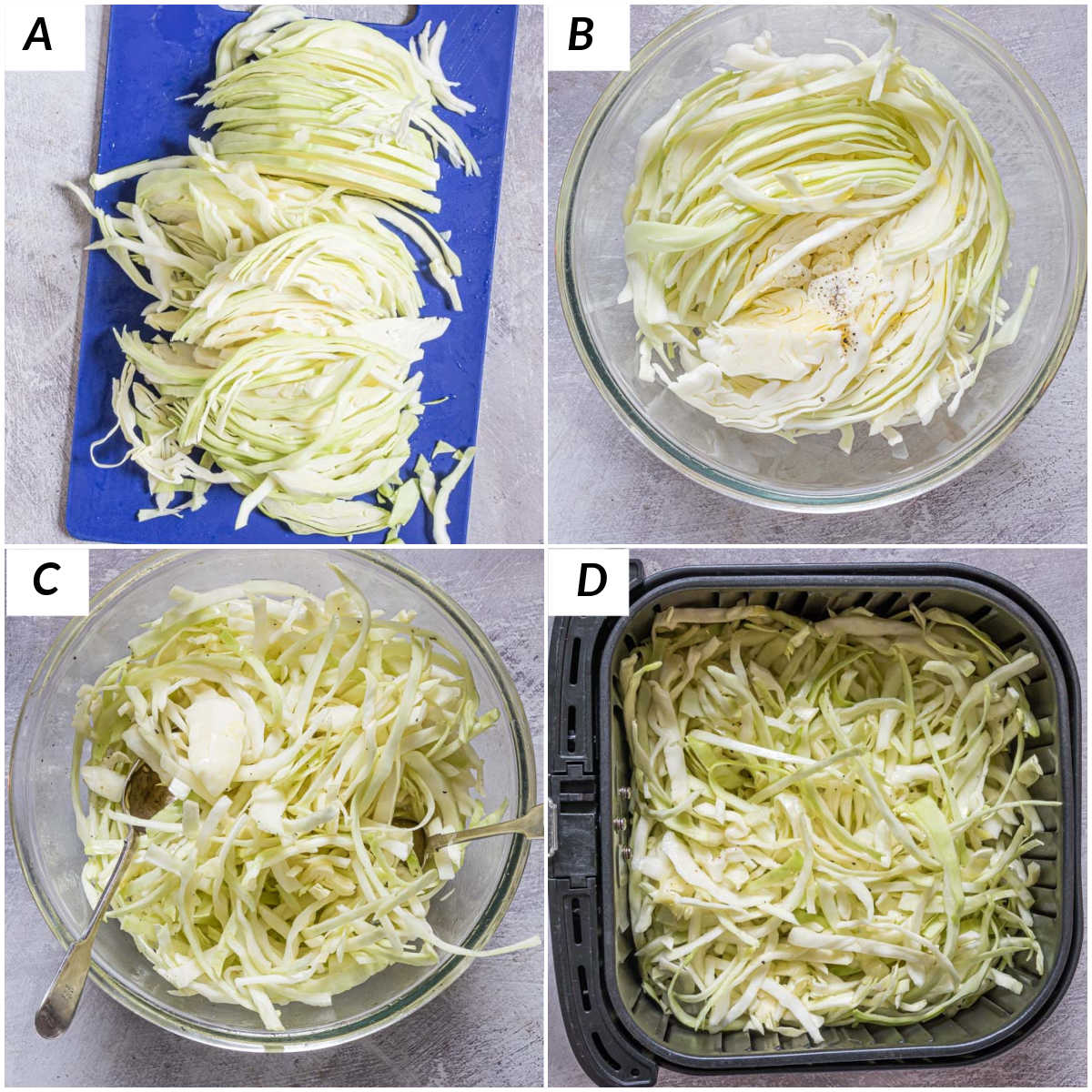 image collage showing the steps for making air fryer cabbage.