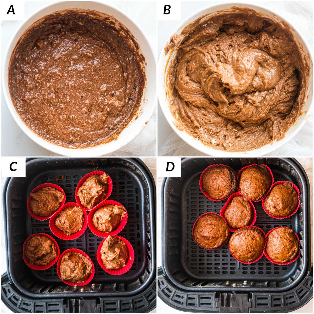 image collage showing some of the steps for making air fryer cupcakes