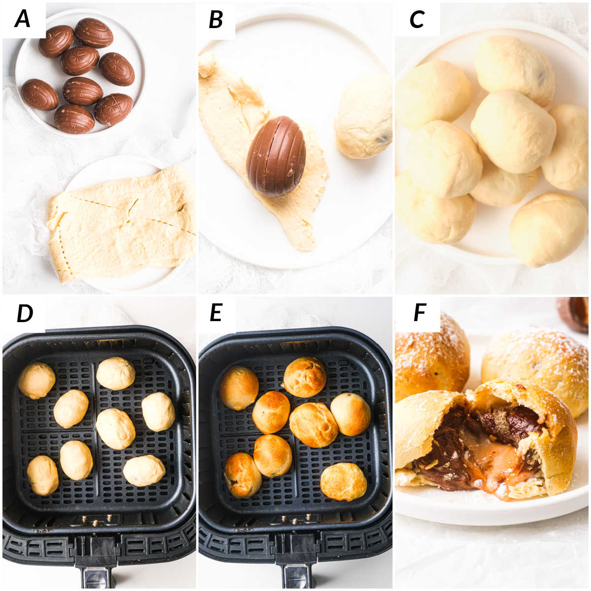 image collage showing the steps for making air fryer fried creme egg recipe