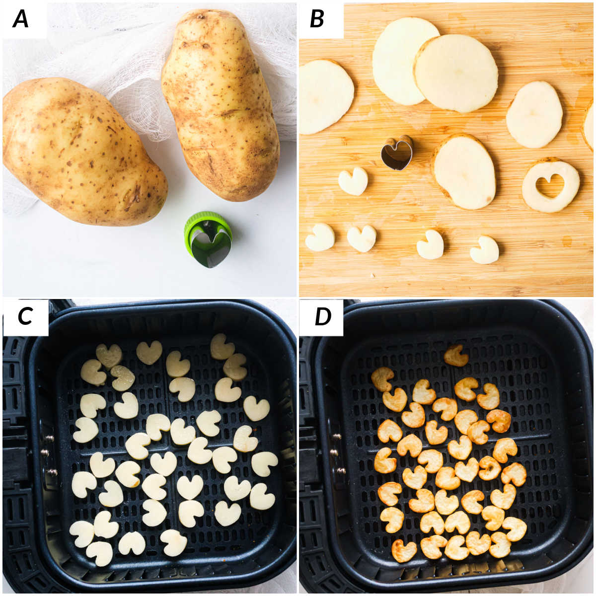 image collage showing the steps for making air fryer heart potatoes