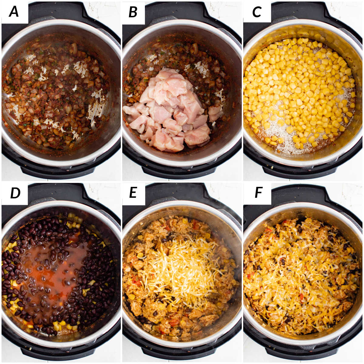 image collage showing some of the steps for making instant pot enchilada rice