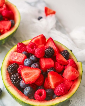 close up view of the completed watermelon fruit bowl recipe