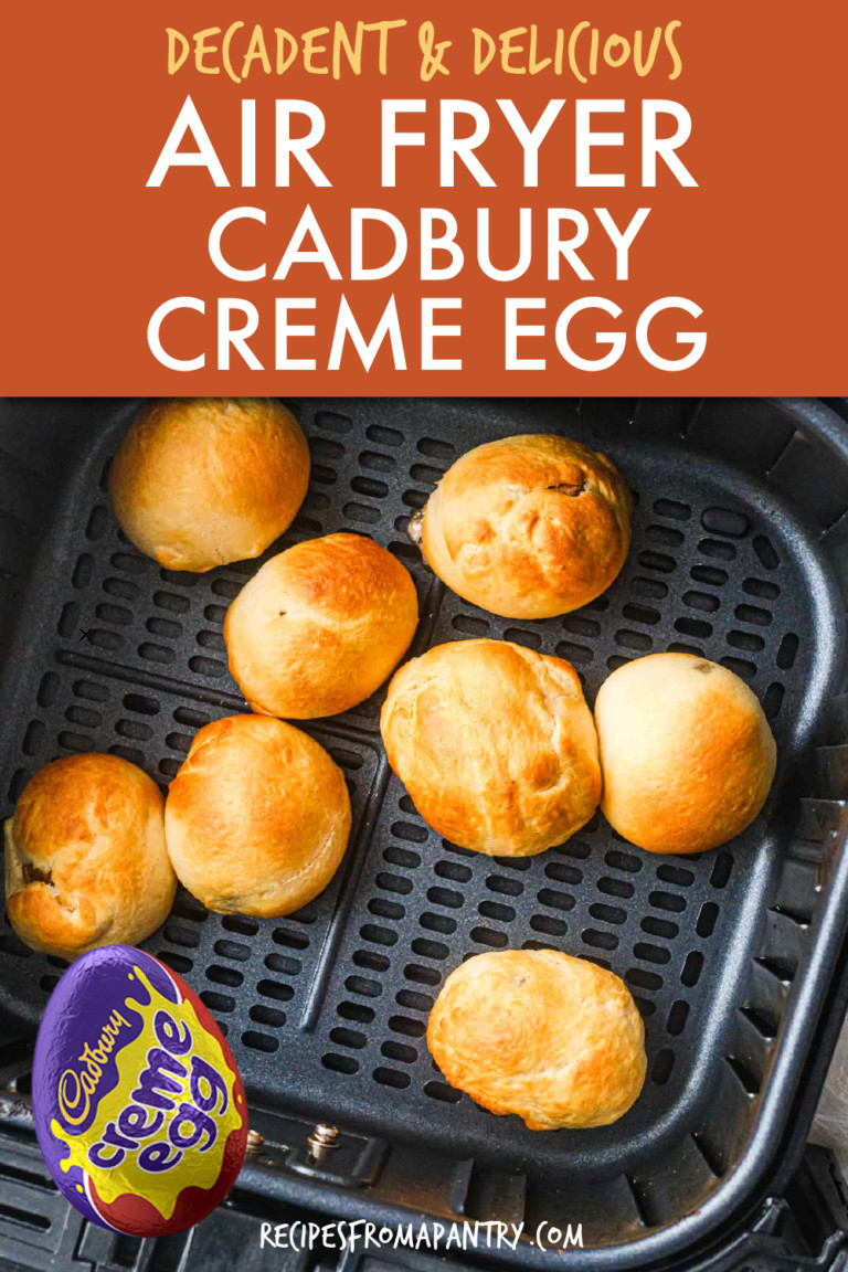 CADBURY CREME EGGS WRAPPED IN DOUGH IN AN AIR FRYER BASKET