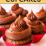 A ROW OF CHOCOLATE CUPCAKES WITH CHOCOLATE FROSTING